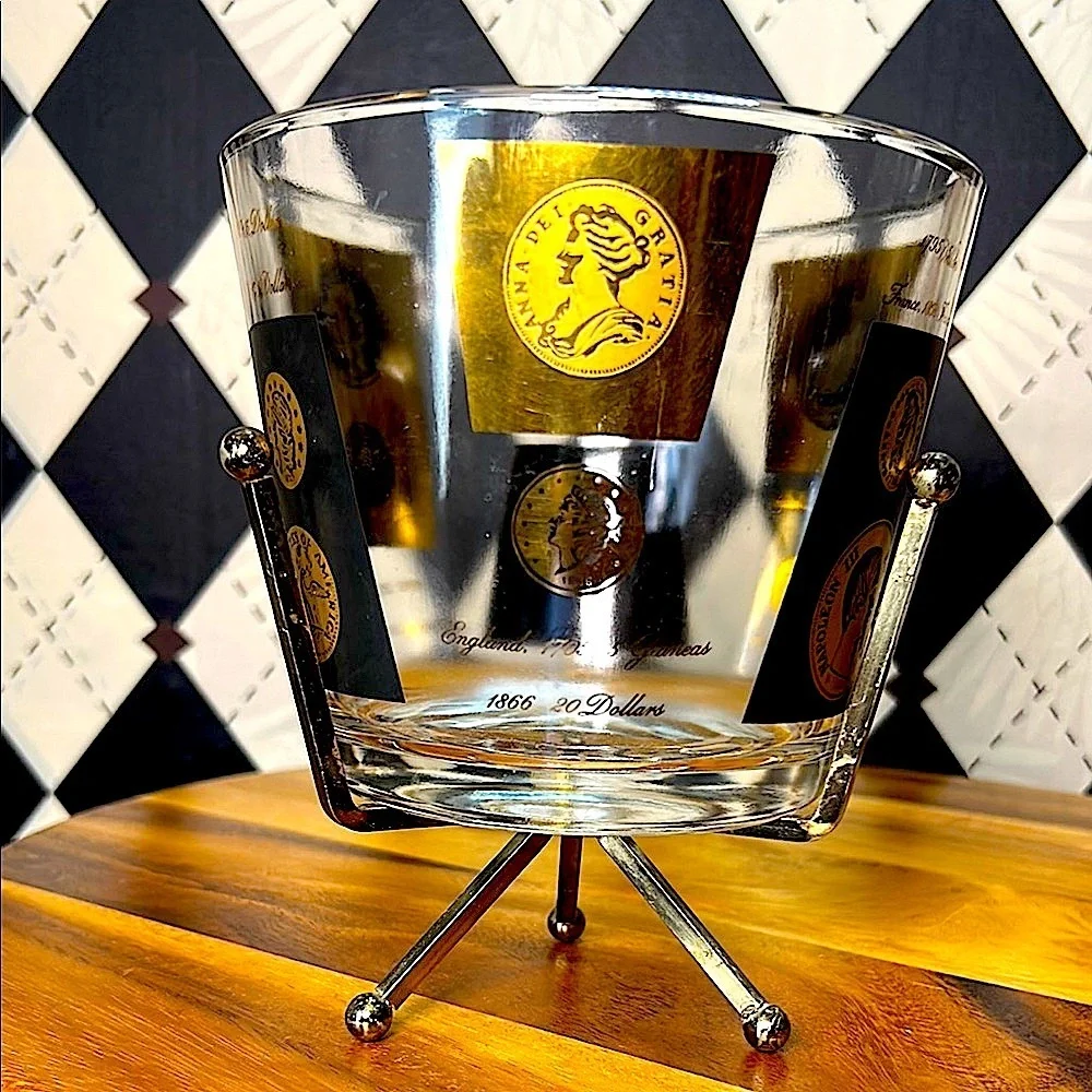 Vintage‎ MCM Cera Glass Ice Bucket with Stand– Gold/Black Coin Design